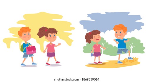 Good children going to school versus bad kid set. Angry boy ruining sand castle, girl crying. Small kids walking to school, boy helps carry backpack. Manners and behavior vector illustration.
