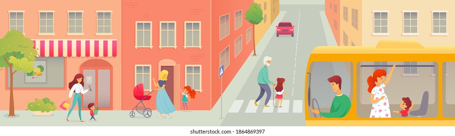 Good children help people. Courteous kid helping cross street, opening door to woman, boy with shopping bags, offering seat to lady. Manners and respect vector illustration. Horizontal city view.