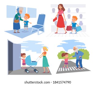 Good children help people set. Courteous kid helping to cross street, girl opening door to woman, boy with shopping bags, offering seat to old lady. Manners and respect vector illustration.