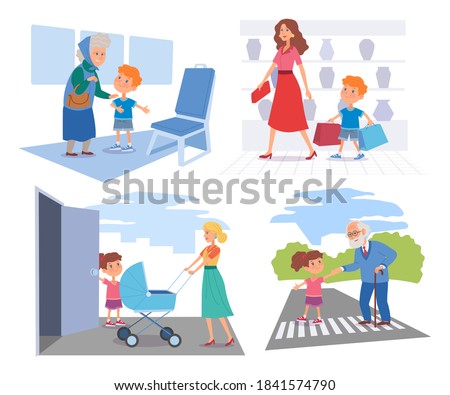 Good children help people set. Courteous kid helping to cross street, girl opening door to woman, boy with shopping bags, offering seat to old lady. Manners and respect vector illustration.