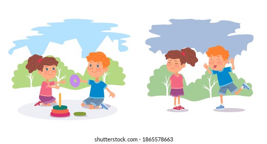 Good children versus bad kids playing outdoor. Boy making fun of sad girl vs happy smiling friends playing with toys outdoor together. Manners and behavior vector illustration.