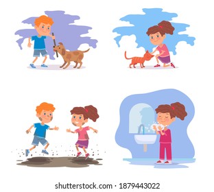 Good children versus bad kids set. Angry boy playing with dog, girl patting cat. Playing in dirty mud outdoor vs washing face clean at bathroom. Manners and behavior vector illustration.