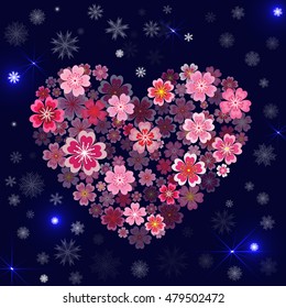 Good Christmas background with snowflakes, sparks and floral heart. Winter flowers heart