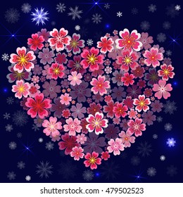 Good Christmas background with snowflakes, sparks and floral heart. Winter flowers heart