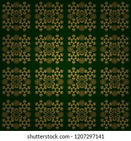 Good for Christmas cards, decoration, menus, web, banners and designs related to wine and holidays. Vector illustration. Seamless pattern with golden elements on green background.