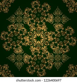 Good for Christmas cards, decoration, menus, web, banners and designs related to wine and holidays. Vector illustration. Seamless pattern with golden elements on green background.