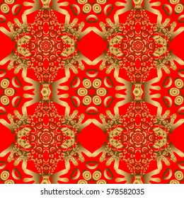 Good for Christmas cards, decoration, menus, web, banners and designs related to wine and holidays. Vector illustration. Seamless pattern with golden elements on red background.