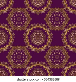 Good for Christmas cards, decoration, menus, web, banners and designs related to wine and holidays. Vector illustration. Seamless pattern with golden elements on purple background.