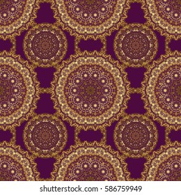Good for Christmas cards, decoration, menus, web, banners and designs related to wine and holidays. Vector illustration. Seamless pattern with golden elements on purple background.