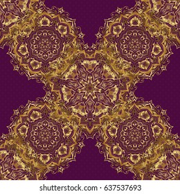 Good for Christmas cards, decoration, menus, web, banners and designs related to wine and holidays. Vector illustration. Seamless pattern with golden elements on purple background.