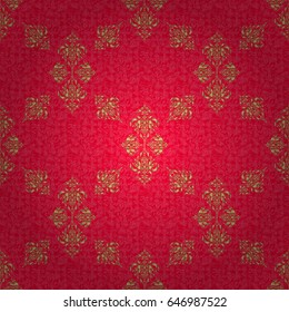 Good for Christmas cards, decoration, menus, web, banners and designs related to wine and holidays. Vector illustration. Seamless pattern with golden elements on red background.