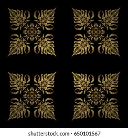 Good for Christmas cards, decoration, menus, web, banners and designs related to wine and holidays. Vector illustration. Seamless pattern with golden elements on black background.