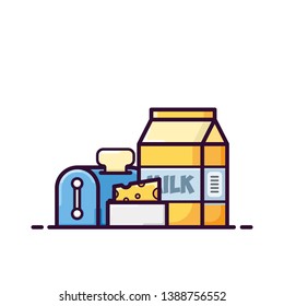 A good combination of milk and bread menu for breakfast vector illustration, colored cartoon style Suitable for Web Landing Page, Banner, Flyer, Sticker, Wallpaper, Card, Background