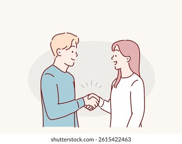 Good communication between business partners. People colleagues respecting personal boundaries. The man and the woman shake hands.Hand drawn style vector design illustrations.