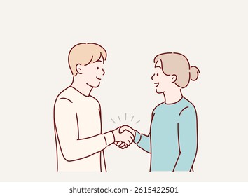 Good communication between business partners. People colleagues respecting personal boundaries. The man and the woman shake hands.Hand drawn style vector design illustrations.
