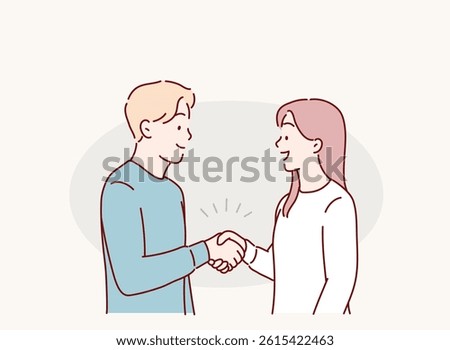 Good communication between business partners. People colleagues respecting personal boundaries. The man and the woman shake hands.Hand drawn style vector design illustrations.