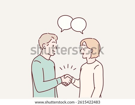 Good communication between business partners. People colleagues respecting personal boundaries. The man and the woman shake hands.Hand drawn style vector design illustrations.