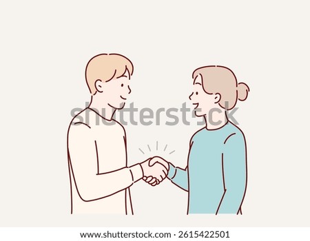 Good communication between business partners. People colleagues respecting personal boundaries. The man and the woman shake hands.Hand drawn style vector design illustrations.