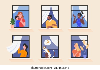 Good communication and friendship of neighbors. Cartoon different people stay home, young man and woman, kid and cat look from open windows of house flat vector illustration. Neighborhood concept