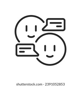Good Communication Skills Icon. Vector Outline Editable Isolated Sign of Two Content Smiley Faces Surrounded by Text Clouds, Symbolizing Effective and Positive Communication.