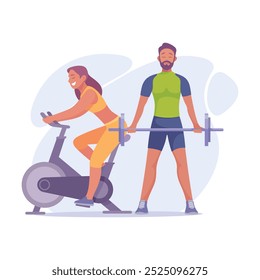 Good Company with Man and Woman Friend Do Sport in Gym Vector Illustration
