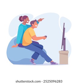 Good Company with Man and Woman Friend Play Computer Game Vector Illustration