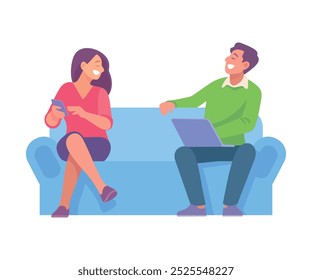 Good Company with Man and Woman Friend Sit with Gadget Vector Illustration