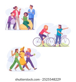 Good Company with Man and Woman Friend Sit with Gadget Give High Five Vector Illustration Set