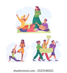 Good Company with Man and Woman Friend Do Different Activity Together Vector Illustration Set