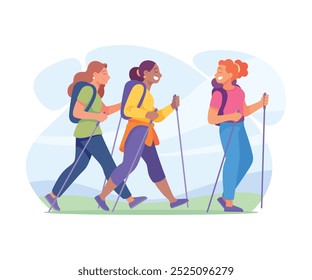 Good Company with Woman Friend Hiking with Pole Vector Illustration