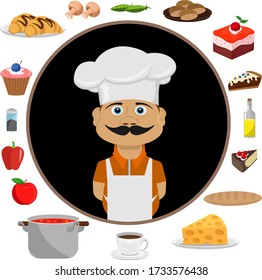 A good cook and a set of different products. Vector illustration on the theme of cooking.
