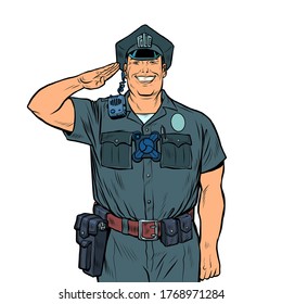 A good cop salutes. Police work. Pop art retro vector illustration 50s 60s kitsch vintage style