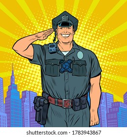 A good cop salutes. Police work. Pop art retro vector illustration 50s 60s kitsch vintage style