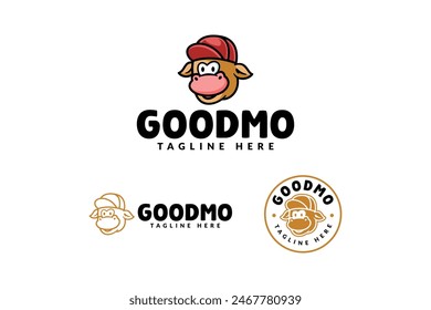 good cow wearing hat cartoon logo design for animal and restaurant business