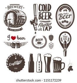 Good craft beer brewery labels, emblems and design elements (tap, cap, bottle, mug, barrel)