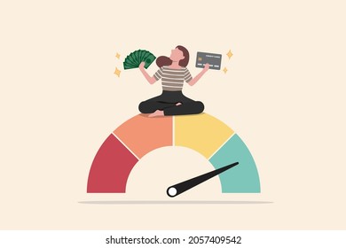 Good credit score for credit card spending with sufficient cash to pay debt create excellent personal financial plan, happy woman hold banknote and credit card sit above credit gauge at good rating.