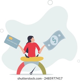 Good credit score for credit card spending with sufficient cash to pay debt create excellent personal financial plan.flat design.illustration with people.