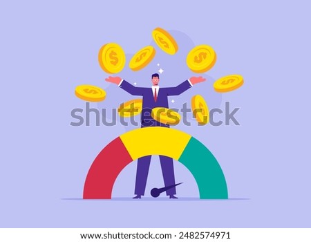 Good credit score for credit card spending concept, businessman with dollar coin and credit score with loan arrow gauge speedometer indicator from poor to good rate