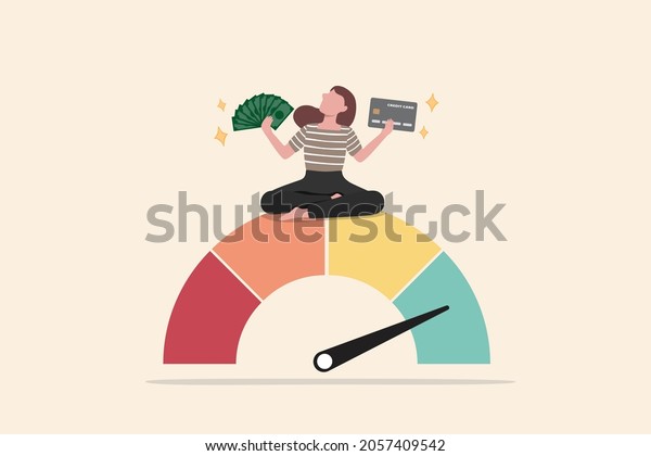 Good credit score for credit card spending with\
sufficient cash to pay debt create excellent personal financial\
plan, happy woman hold banknote and credit card sit above credit\
gauge at good rating.