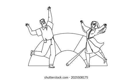 Good Credit Score Celebrate Man And Woman Black Line Pencil Drawing Vector. Businessman And Businesswoman Dancing And Celebrating Good Credit Score. Characters Family Couple Finance Illustration