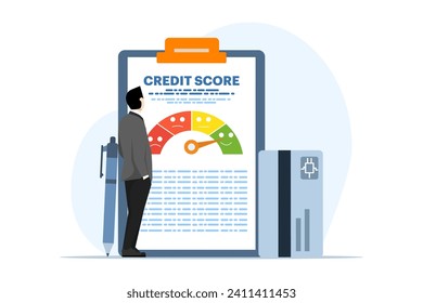 Good credit score concept. Character with good credit score. Personal finance. Flat vector illustration on white background.