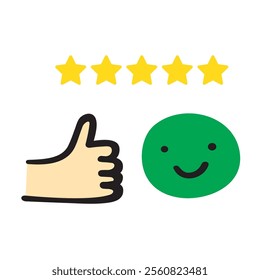 Good customer experience. Five star rating review. Happy green face. Flat design. Illustration on white background.
