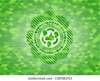 good customer feedback icon inside green emblem with triangle mosaic background