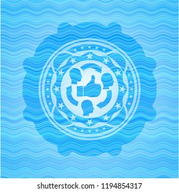 good customer feedback icon inside sky blue water wave style badge.