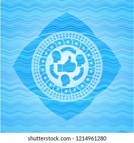 good customer feedback icon inside sky blue water wave emblem.