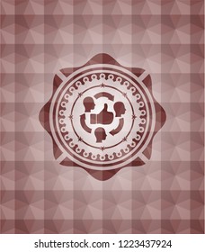 good customer feedback icon inside red seamless emblem with geometric pattern.