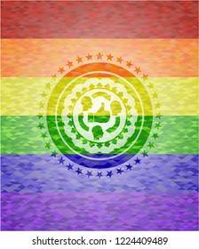 good customer feedback icon inside emblem on mosaic background with the colors of the LGBT flag