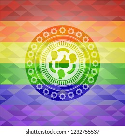 good customer feedback icon inside emblem on mosaic background with the colors of the LGBT flag
