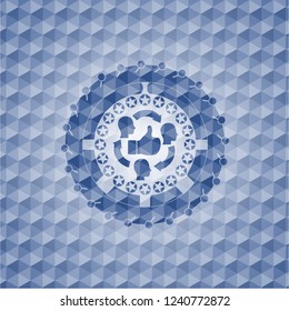 good customer feedback icon inside blue emblem with geometric pattern background.