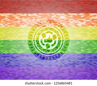 good customer feedback icon inside emblem on mosaic background with the colors of the LGBT flag